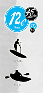 Prix des locations adultes pour un kayak ou paddle. MKG Centre Nautique